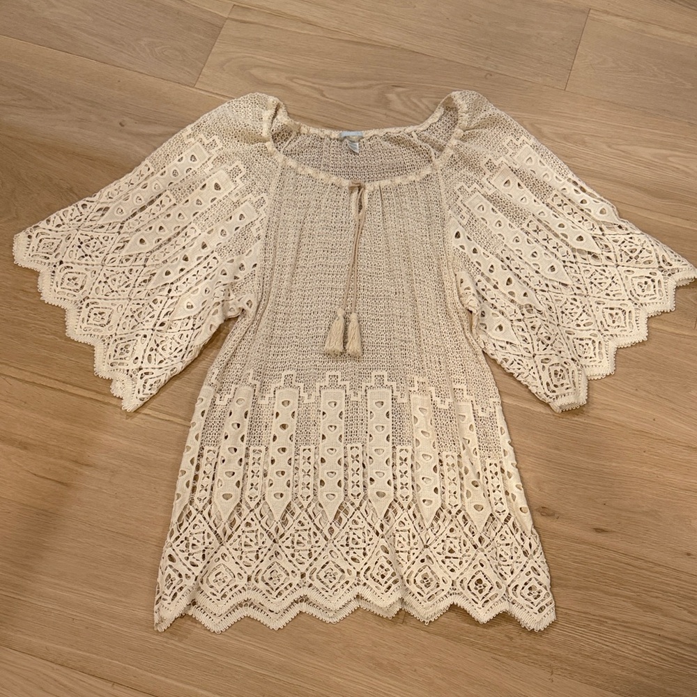 Eberjey Cream Crochet Lace Peasant Tunic with Tassel Tie
